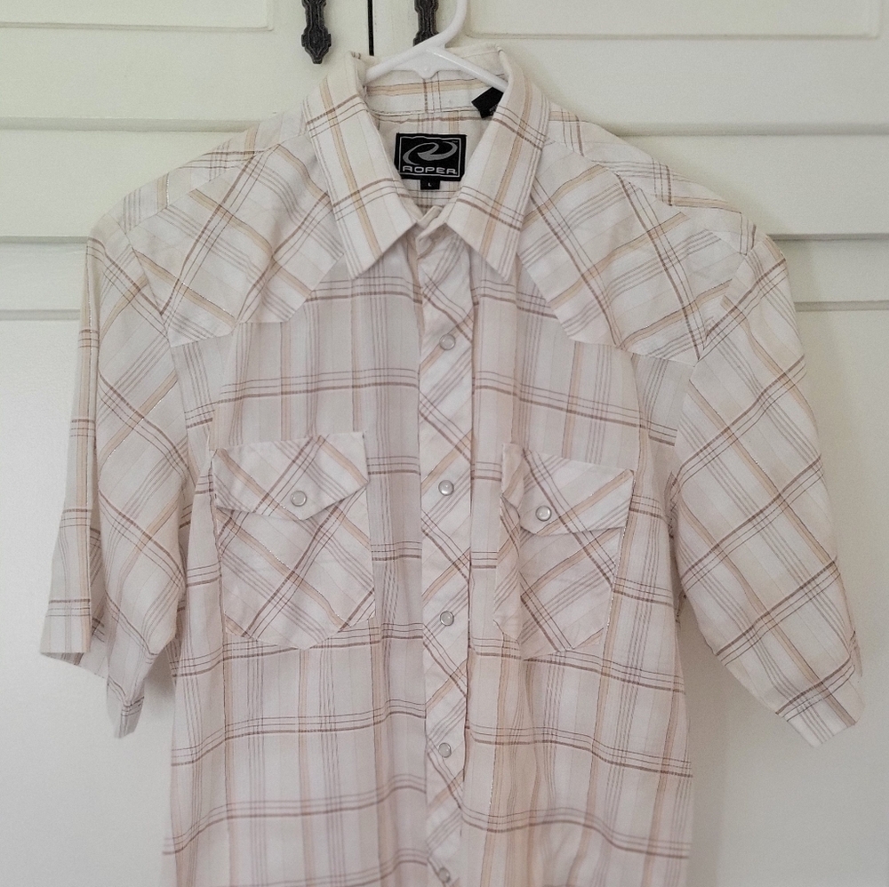 Roper Men's Short-Sleeve Plaid Button-Down Shirt in Beige and Cream